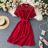 Retro Famous Style Temperament Dress Heart Lace Short-Sleeved Dress Women's Summer