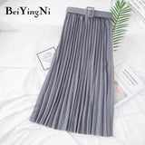 Women Pleated Midi Skirt High Waist Belt Korean Plus Size Spring Summer 2020 Casual Elegant Skirts Ladies Fashion