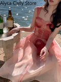 Party Summer Vintage Floral Dress Women Casual Princess Midi Fairy Strap Dress Party Beach Female 2022 Elegant One Piece Dress