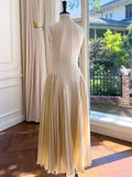 Elegant Pleated Dresses For Women Stand Collar Sleeveless High Waist Tunic Solid Slimming Dress Femlae Summer