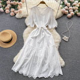 Women Dress Embroidary Solid Summer 2022 Hollow Out V Neck Ruffled Sashes Adjustable Waist Ladies Long A Line