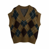 Vintage V Neck Rhombic Lattice Casual Knitting Vest Sweater Ladies Chic Waistcoat Pullovers Retro Jumper