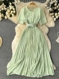 Women Summer Pleated Print Dress 2022 Vacation Sashes Floarl Gentle Short Sleeves Ladies Slim A Line Long