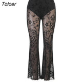 Black Sexy Lace Floral Flare Pants Women Gothic Club High Waist Skinny Fit Trousers Female Fashion Slim Fit Long Pants