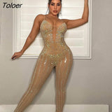 Rhinestones Crystal Overalls Jumpsuits One Piece Pants Sexy Straps Summer Diamonds New Mesh Sheer Party