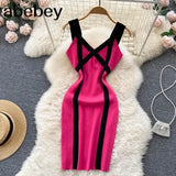 Color Striped Tight Stretchy Knit Tank Dress Elastic Slim Sheath Ladies Party Sexy Body-con Step Knit Short