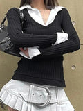 Polo Neck Splice Fake Two Piece Long Sleeve Knit-Outfit
