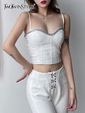 Sexy Patchwork Chain Tank Tops For Women Square Collar Sleeveless Slim Camis Female Summer Clothing Fashion