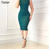 New Fashion Elegant Women High Neck Studded Decor Ribbed Sleeveless Green Sexy Bodycon Dress Corset Party Wear Robes
