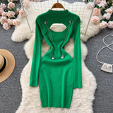 Hollow Out Sexy Sweater Dress Temperamant Fashion Chain Long Sleeve Slim Ladies Autumn Korean Elastic Knitted