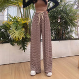New Summer Checkerboard Plaid Wide Legged Women's Pants Spring Vintage High Waist Loose Lace Up Casual Trousers