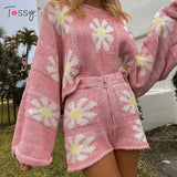 Tossy Knitted Women's 2 Piece Sets Outfits Casual Pink Floral Sweet Oversized Sweater Suit With Shorts For Women 2021