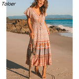 V-Neck Short Sleeve Summer Dress Floral Printed Bohemian Maxi Dresses Casual Beach Women Clothing 2023 Female