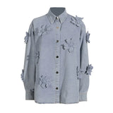 Toloer Wind Three-Dimensional Flower Jeans Top Female Summer 2024 Comfortable Casual Shirt Type Jeans Jacket Female-Outfit