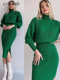 Elegant Knitted Dress 2 Pieces Set Long Sleeve Cropped Sweater And Slit Dress Suits Female Sexy Soft Pullover