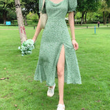 Floral Side-split Vintage Dress Women Gentle Sexy Slim Puff Sleeve Streetwear Mori-girls Square Collar Empire Vestido