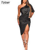 Party Dresses Slim Split Shine Short Sleeve One Shoulder Girls Backless Sexy Elegant Summer Midi Dress For Women