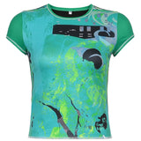 Rockmore Vintage Print Top Women Short Sleeve T-shirt Grunge Casual Basic Tee Aesthetic Streetwear E Girl O Neck T Shirt