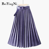 Autumn Winter Skirt Women With Belt Long Metallic Silver Maxi Pleated Skirt Midi High Waist Fashion Vintage Saia