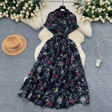 Niche High-End Light Style Single Row Buckle Short-Sleeved Printed Shirt Dress Female Magenta Vintage Chiffon