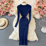 Women Shiny Knitted Dress Long Sleeve O Neck Elastic Slim Pencil Dresses Autumn Sexy Bodycon Streetwear Sweater