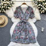 Summer Vintage Women Pleated Chiffon Dress Elegant Floral V-Neck Short Sleeve High Waist Draped A-Line Vestidos Female New