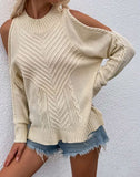 Aproms Elegant Cold Shoulder Knitted Loose Sweaters Women 2021 Autumn Winter Side Split Pullovers Streetwear Fashion Jumpers