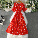 Summer French Dress Woman Heart Printed Sashes V-neck Elegant Party Luxury Plus Size Womens Dresses Leisure Robe