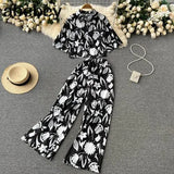 Women Summer Fashion Korean Two Piece Suits Short Sleeve Short Top+Wide Leg Long Pants Streetwear Ladies Suits Two Piece