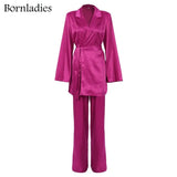 Women 3 Pieces Sets Long Sleeve Loose Belt Satin Blazer Coat High Waist Pants Legs Adjustable Pants Female Sexy