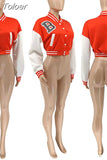 White Color Block Splice Baseball Coat Women Casual Single-breasted Full Sleeve Jacket Active Wear Running Cropped