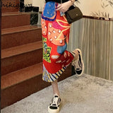 Skirts for Women 2023 Faldas Mujer De Moda High Waist A-line Loose Print Long Jupe Fashion Folds Split Pleated Chic