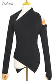 2023 Autumn New Fashion Women's Tops New Asymmetrical Long Sleeve Hollow Out Irregular Slim Knitting Sweater Female