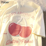 Big Luxury Cherry Embroidery Cute T Shirts Korean Fashion Brand Streetwear Oversized Tees Tops 2022 Summer Cotton