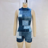 Toloer Summer New Casual Sleeveless Denim Print Waist And Hip Jumptop Jumpsuit-Outfit