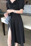 Dress Women A-line Vintage Short Puff Sleeve Summer Woman Dot Print Split Long Chiffon Dress Square Collar Boho