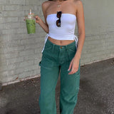 Rockmore Green Vintage Cargo Jeans Women Cotton Baggy Straight Pants Streetwear Pockets High Waist Wide Leg Denim Trousers