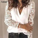Patchwork Lace Sleeve Women Blouse Vintage V Neck Loose Female Shirts White Long Sleeve Blouses Tops Women Clothes