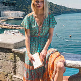 Floral Printed Midi Dress V Neck Ruffle Sleeve Vintage Tassel Vestidos Summer 2023 Beach Casual Clothes Long Women