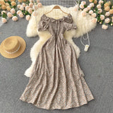 Women Chiffon French Style Dress Summer 2022 Slash Neck Vacation Elastic Waist Elegant Party Slim A Line Long