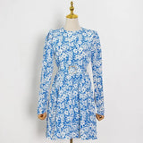 Print Temperament Spring Dress For Women O Neck Long Sleeve High Waist Sashes Blue Dresses Female Fashion New