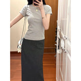 Casual Gray Shoulder Short Sleeve Two Sets Of Summer New High-End Long Skirt Temperament