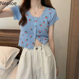 Knitted Cardigan Crop Top Women Summer 2023 Floral Lace Patchwork Shirt Single Breasted Cute T Shirts Short Sleeve