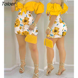 Fashion Holiday Floral Print Off Shoulder Knotted Puff Sleeve Skinny Shorts Skorts Fairy Casual One Piece Women