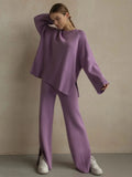 Sweater 2 Piece Set Women Loose O-Neck Knit Pullovers+Wide Legs Pants Sets 2022 Oversized Solid Slit Knitted
