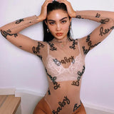 Summer Sexy Letter Print Transparent Mesh Bodysuits Long Sleeve See Through Baby Bodycon Rompers Women
