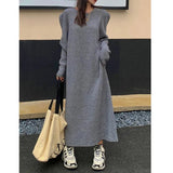 Women Green Knitting Big Size Long Dress New Round Neck Long Sleeve Loose Fit Fashion Tide Autumn Winter 2022