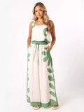 Women's Summer New Short Vest Print Tight Waist Broad Leg Trousers Two-Piece Set Casual