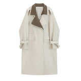 Women Beige Color-block Big SizeTrench New Lapel Long Sleeve Loose Fit Windbreaker Fashion Tide Spring Autumn 2023