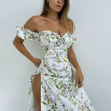 Bohemian Floral Bosom Long Dress French High-Waisted Fork-Repair Temperament Shoulder